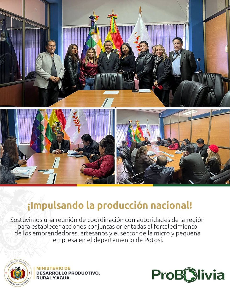 ProBoliviaGob's tweet photo. #ProBolivia ll Sostuvimos una reunión de coordinación con autoridades de la región para establecer acciones conjuntas orientadas al fortalecimiento de los emprendedores, artesanos y el sector de la micro y pequeña empresa en el departamento de Potosí.
#SiempreBolivia
#MDPRyA https://t.co/NNmFtF3IsR