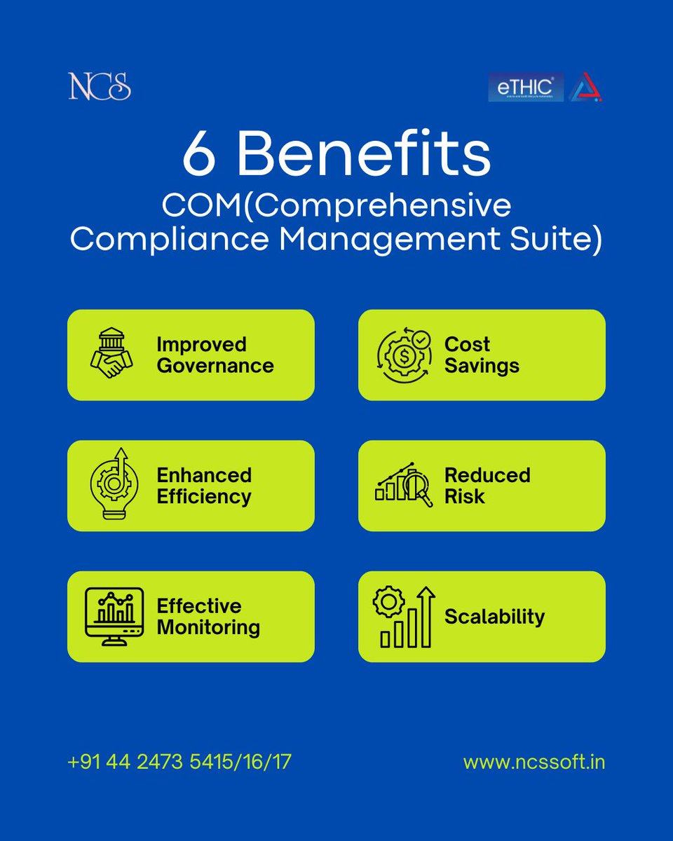 NCSSoft's tweet image. COM (Comprehensive Compliance Management Suite) by NCS boosts Governance, Efficiency, Risk control &amp;amp; Scalability — all in one smart suite.

Explore more at ncssoft.in

#NCS #eTHIC #Compliance #Governance #RiskManagement #NCS #eTHIC #eTHICCOM #Efficiency #Scalability