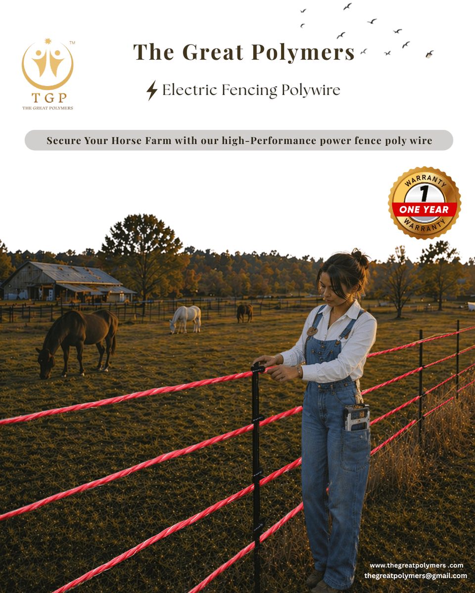 thegreatpolymer's tweet photo. Heavy-Duty Animal Control Electric Poly wire - Engineered for Zero Rust, Maximum Conductivity and Reliable Livestock Protection–THE GREAT POLYMERS/INDIA

Whatsapp Number +91 8160345999
Check out the website: https://t.co/V6475dlanM

#HorseFence #Polywire #ElectricFence #LivestockControl #FarmFencing #AgricultureIndia #UVResistant #RustFree #DurableMaterials #FarmingSolutions #AnimalSafety #ElectricFencing #MadeInIndia #ExportQuality #thegreatpolymers #FarmLife #RuralInnovation #HeavyDuty #HighConductivity #WeatherResistant