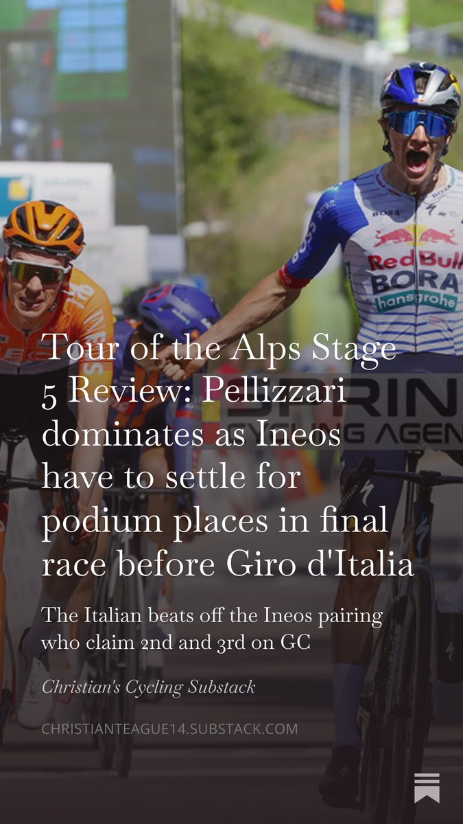 Christianteagu's tweet image. Ineos disappointment as Pellizzarri stakes Giro d'Italia Claim: Read all about the final stage here: open.substack.com/pub/christiant…
#TOTA #TouroftheAlps #TofA #Pellizzari