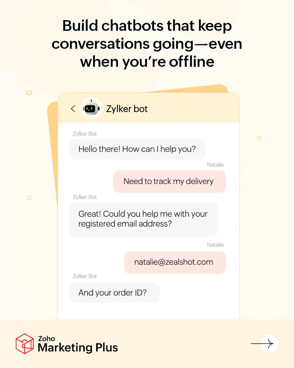 Zoho_Mplus's tweet photo. Engage your visitors in real time with Zoho Marketing Plus’s conversational marketing—and turn your anonymous visitors into customers in just a few conversations 💬

With conversational marketing in Zoho Marketing Plus, you can:

1️⃣ Engage users across your website 🌐 and mobile apps 📱
2️⃣ Build no-code chatbots 🤖 that handle conversations while your team focuses on other priority conversations or —even when team is offline 
3️⃣ Extend your bots to platforms like Messenger, Telegram, and WhatsApp to meet your audience wherever they are
4️⃣ Capture conversations, identify intent 🎯, convert them into leads, qualify them, and seamlessly push them into Zoho Marketing Plus for lead nurturing and beyond.

This means your business can:

✅ Respond instantly to your visitors queries and reduce drop-offs 
✅ Deliver personalized experiences for every visitor at scale 
✅ Ensure no lead is missed—even outside business hours 
✅ Improve conversion rates with contextual conversations 
✅ Reduce workload while increasing team efficiency 
✅ Gain actionable insights to refine your marketing strategy 

Get started with conversational marketing in Zoho Marketing Plus for free.
Learn more on the page👇

https://t.co/k3iK5rkTIg

hashtag#Zoho hashtag#ZohoMarketingPlus hashtag#ConversationalMarketing hashtag#CustomerEngagement hashtag#Chatbots hashtag#LeadGeneration hashtag#MarketingAutomation hashtag#DigitalMarketing hashtag#CX hashtag#Growth hashtag#CustomerExperience hashtag#SalesEnablement