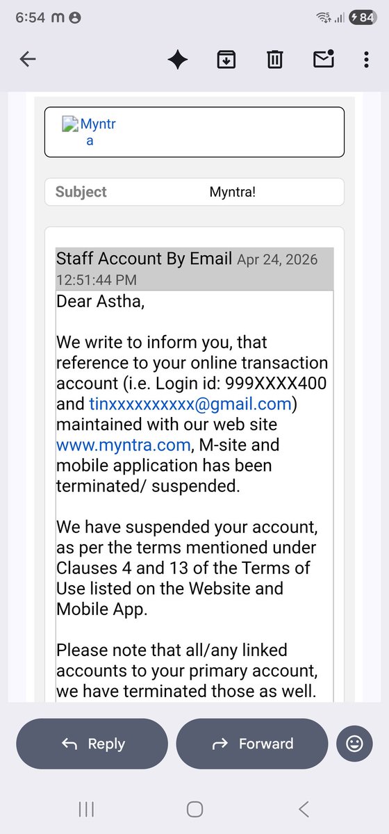 asthaskitchen's tweet photo. @MyntraSupport Account suspended by you and now refusing refund of wallet credits? I cannot even access or use my money.
No proper response on emails either. I’ve already raised this on Consumer Forum.
Resolve this immediately.
#Myntra #ConsumerRights https://t.co/LV3HDFkev2