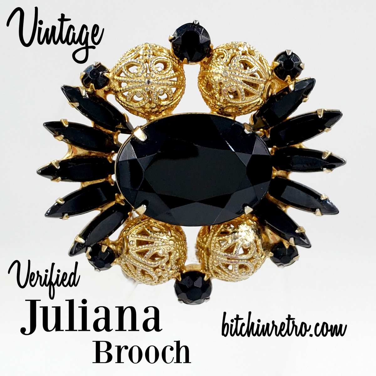 RetroCEO's tweet image. Very collectible #Juliana rhinestone #brooch by Delizza &amp;amp; Elster with slender black navettes and filigree gold tone orbs, circa early 1960's.  Also a book piece, featured in Ann Pitman's "Juliana Jewelry Reference."

#mothersdaygifts #vintagejewelry #wow

bitchinretro.com/products/julia…