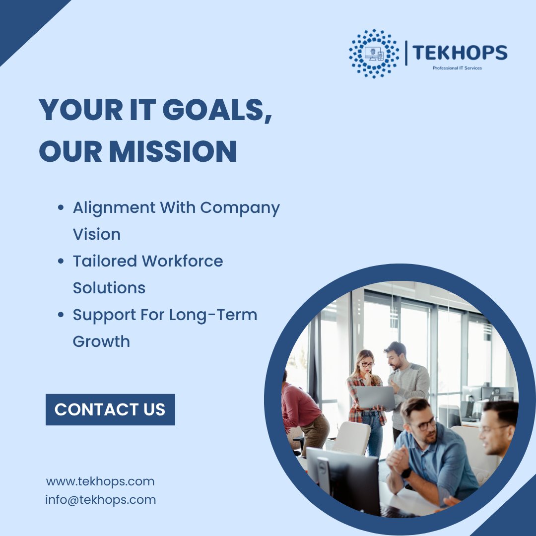tekhopscom's tweet image. We make your objectives ours.

✔️ Alignment with company vision
✔️ Tailored workforce solutions
✔️ Support for long-term growth

🌐 tekhops.com
📧 info@tekhops.com

#MissionDriven #WorkforceStrategy #ITConsulting #TEKhops #India #USA