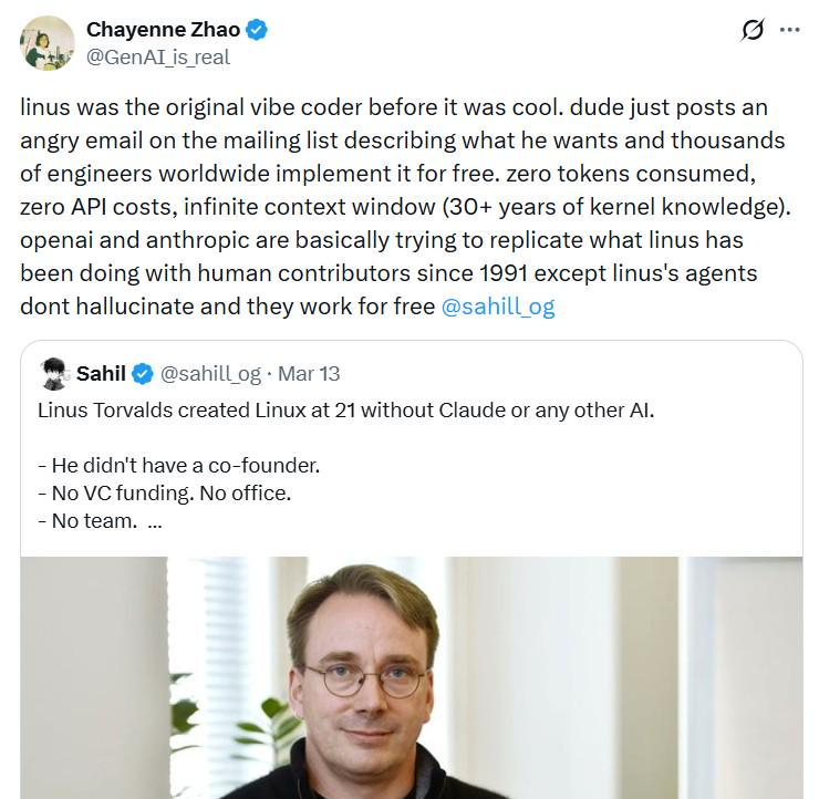 joinFAUN's tweet photo. When your “AI agent” is just a grumpy mailing-list email and thousands of humans running `make` for free. 🐧📬

---

We drop memes like this every week—plus deep dives on Kubernetes, Distributed Systems, and Containers. Subscribe here 👉 https://t.co/gVb14sbBhq 🚀 https://t.co/s289tpnfru