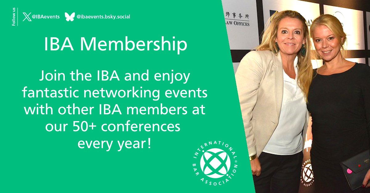 IBAevents's tweet image. 🌏IBA Membership gives you unrivalled networking access to a huge international network of more than 80,000 #lawyers, 190 bar associations &amp;amp; #law societies spanning over 170 countries.

👥 Join the IBA now, we look forward to welcoming you! ➡ tinyurl.com/IBAMembership26
