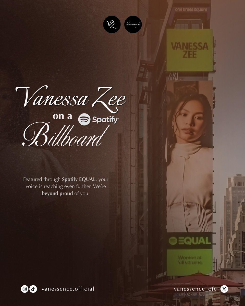 vanessence_ofc's tweet photo. Vanessa Zee light up New York city as she appears on the @SpotifyID EQUAL billboard ✴︎
Thank you, vanessence—this moment belong to all of you too!
#VanessaZee #SpotifyEQUAL https://t.co/PGUdK4qQaQ