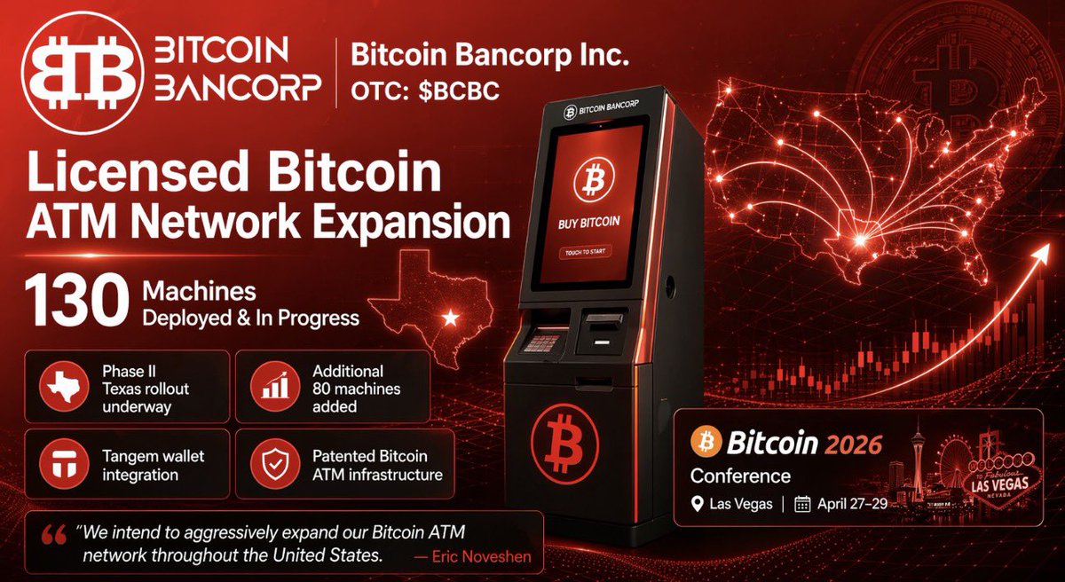 Boldstocksbabe's tweet image. Bitcoin Bancorp Inc. OTC: $BCBC

🌐 As Bitcoin trades near $78K with strong institutional tailwinds, Bitcoin Bancorp stands out as a patented leader rapidly scaling its licensed ATM network to 130 machines in Texas while preparing for high-impact networking at the upcoming