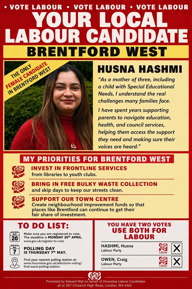 hashmi_husna's tweet photo. ���� Brentford West – it’s time for a strong local voice

I’ve spent years helping local residents navigate education, health and council services — making sure voices are heard and support is delivered.

🗳️ You have TWO votes – use BOTH for Labour

#BrentfordWest #Hounslow https://t.co/CP0WkvTY66