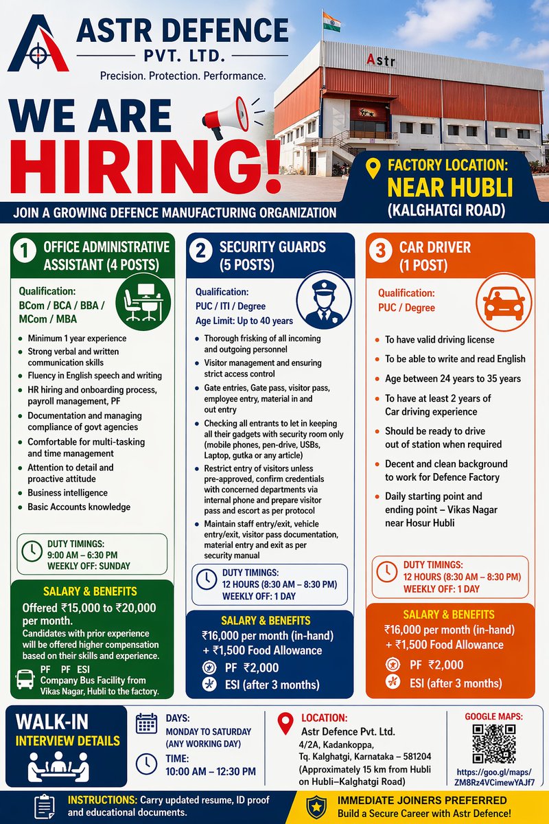 hubballijobs's tweet image. Join a Growing Defence Manufacturing Team! 🛡️

​Astr Defence Pvt. Ltd. is hiring for multiple positions at our factory near Hubli (Kalghatgi Road). 
We are looking for dedicated professionals to join our mission of Precision, Protection, and Performance.

​#Hiring #JobAlert