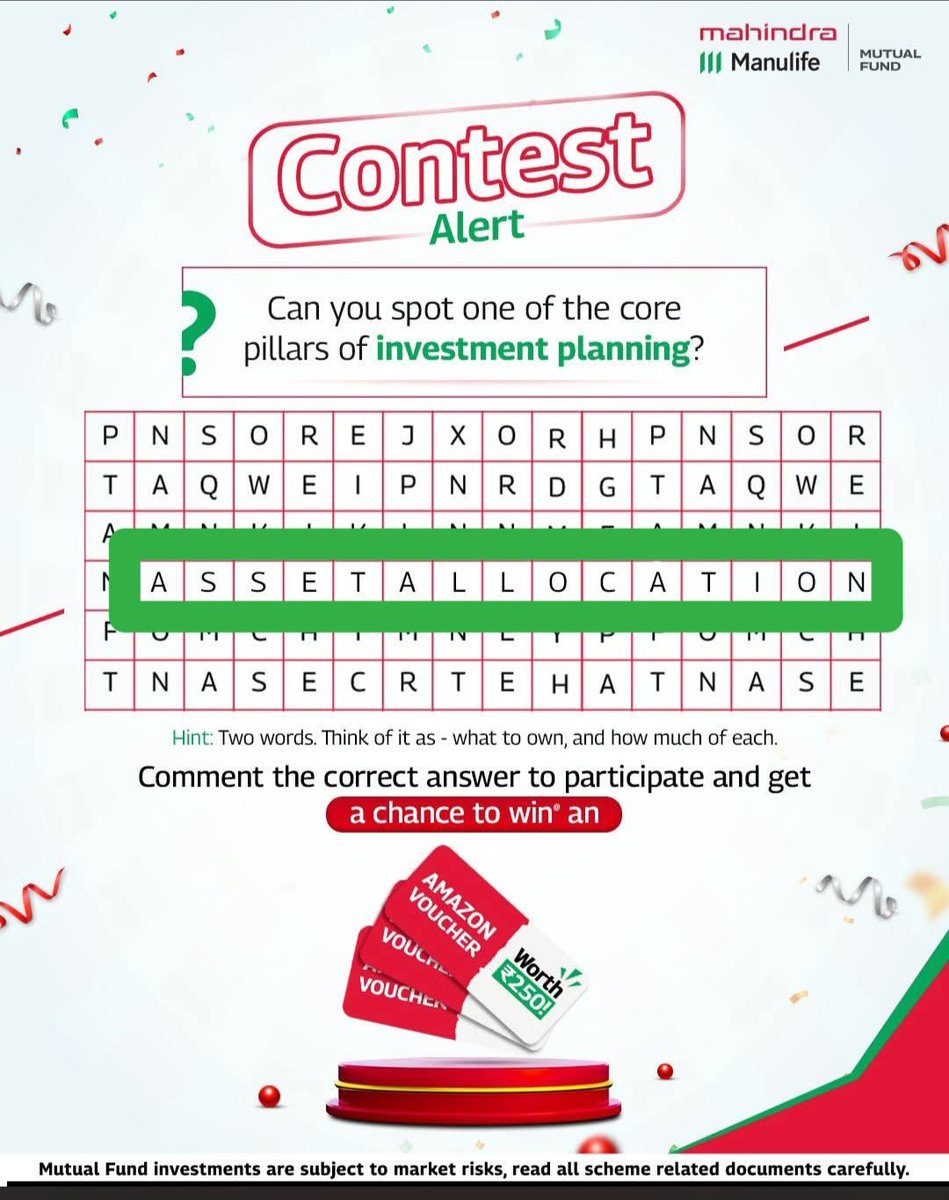 Wasimkh110's tweet image. ASSET ALLOCATION 

#Participate #Contest #ContestAlert #STP #MahindraManulifeMutualFund #MutualFunds #Investment #InvestmentQuiz #Quiz
@MahindraMMF 
Join
@cool_bindra 
@gsrana4580 
@sq_silmi 
@KhareDivyesh 
@Khushnaaz26