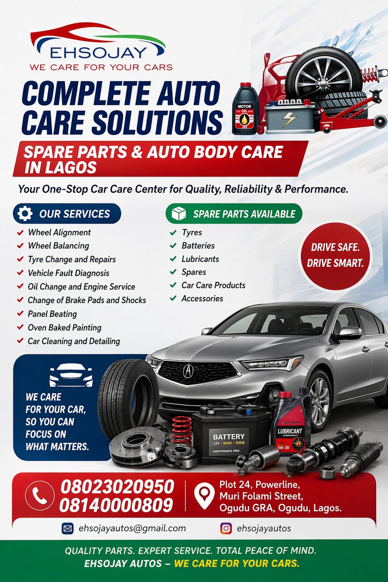 QonnectWorldJob's tweet image. At Qonnect World Job, we had the opportunity to design this flyer for EHSOJAY AUTOS — a brand dedicated to quality auto care and genuine spare parts in Lagos. 🚗🔧

Need a professional flyer or business design? Let’s help bring your brand to life.
#BusinessSupport
 #FlyerDesign