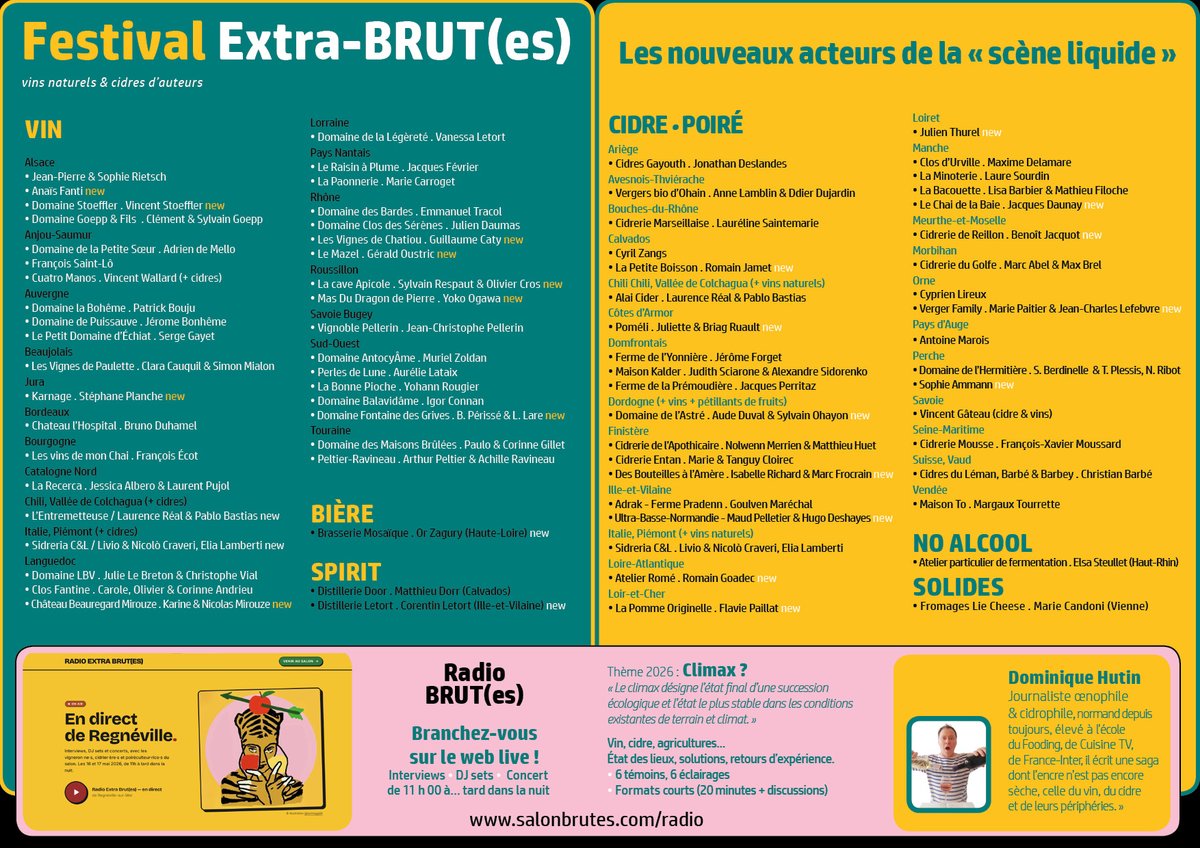 hutin1v2v's tweet image. { je vous attends }
EXTRA-BRUTES #5, le casting
▪️ 35 exposant.e.s vins naturels
▪️ 35 exposant.e.s cidres d’auteurs
▪️ 20 nouveaux visages
---
▪️ 100 % évasion
▪️ 200 % dépaysement
Chili, Italie, Suisse, Alsace, Anjou, Ariège, Auvergne, Avesnois...
#cider #cidre #sidro #sidra