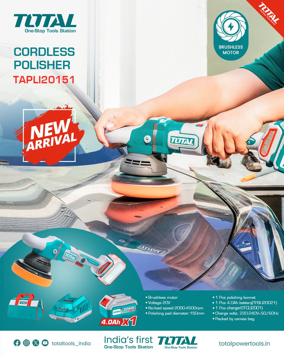 totaltoolsind's tweet image. 🆕 TOTAL Cordless Polisher TAPLI20151

✨ 2000–4500 rpm
⚙️ Brushless motor
⚡ 20V power

Perfect shine, every time 🚗

🌐 totalpowertools.in

#TotalTools #CarCare #PowerTools