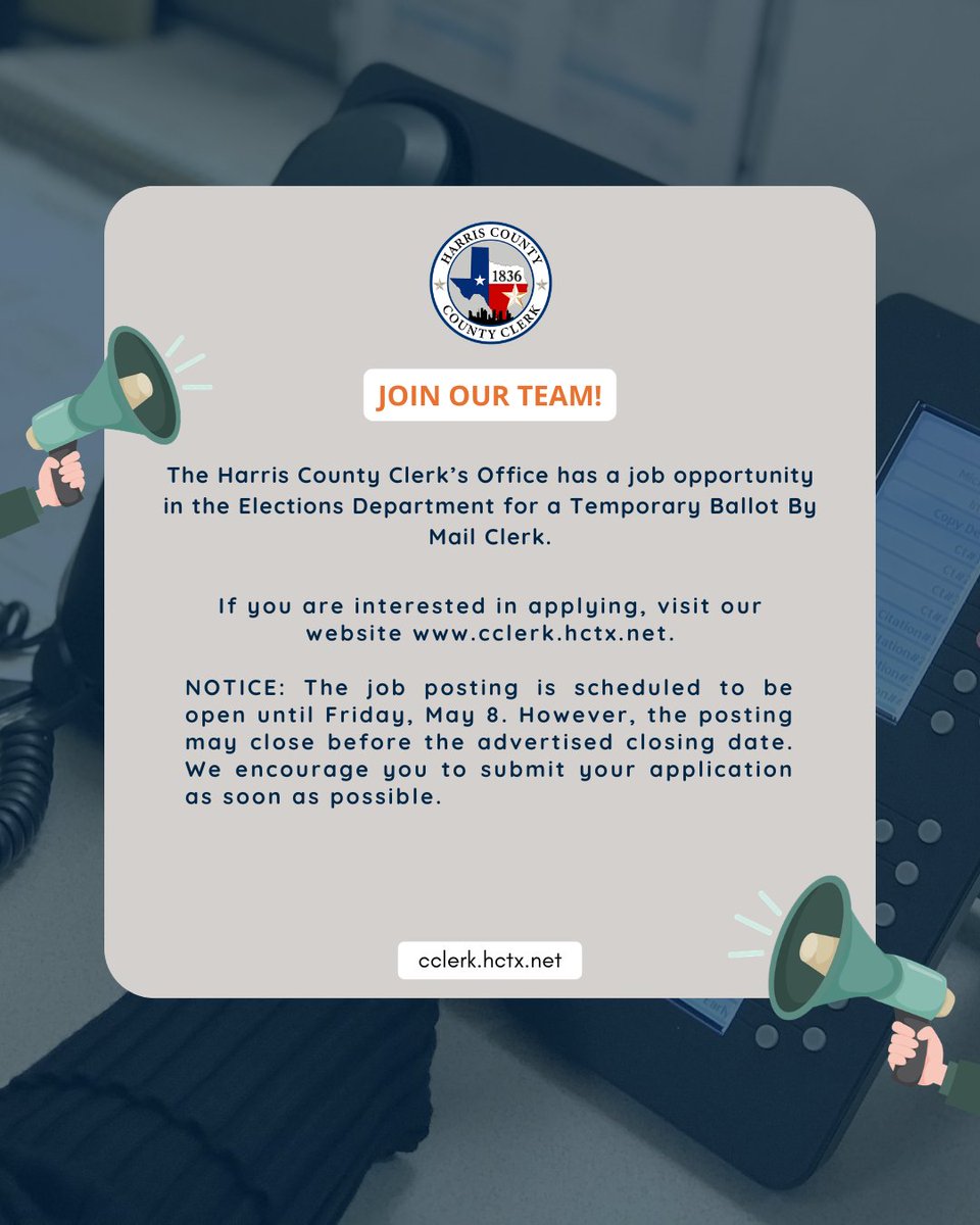 harriscotxclerk's tweet image. HCCO has a job opportunity in the Elections Department. Apply now: bit.ly/45M6vhS. The job posting is scheduled to be open until Friday, May 8. However, the posting may close before the advertised closing date. #harriscountycareers #newjob