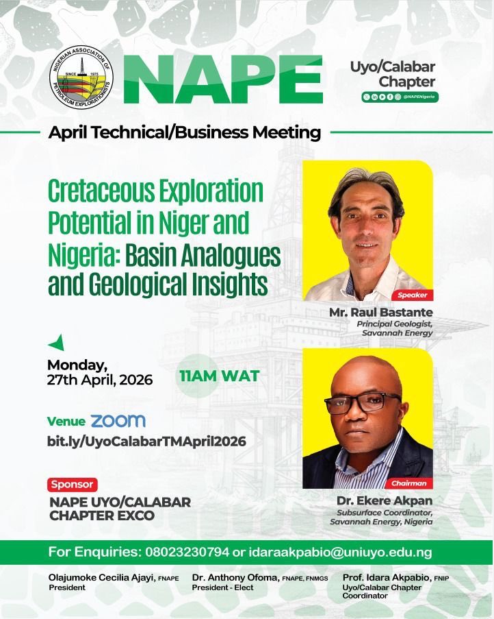 NAPENigeria's tweet image. What do Cretaceous basins in Niger &amp;amp; Nigeria reveal about untapped potential?

Join the Uyo/Calabar Chapter for a practical session on basin analogues &amp;amp; subsurface insights.

📅 Apr 27 | 11AM WAT
🔗 bit.ly/UyoCalabarTMAp…

#NAPE #Geoscience #Exploration