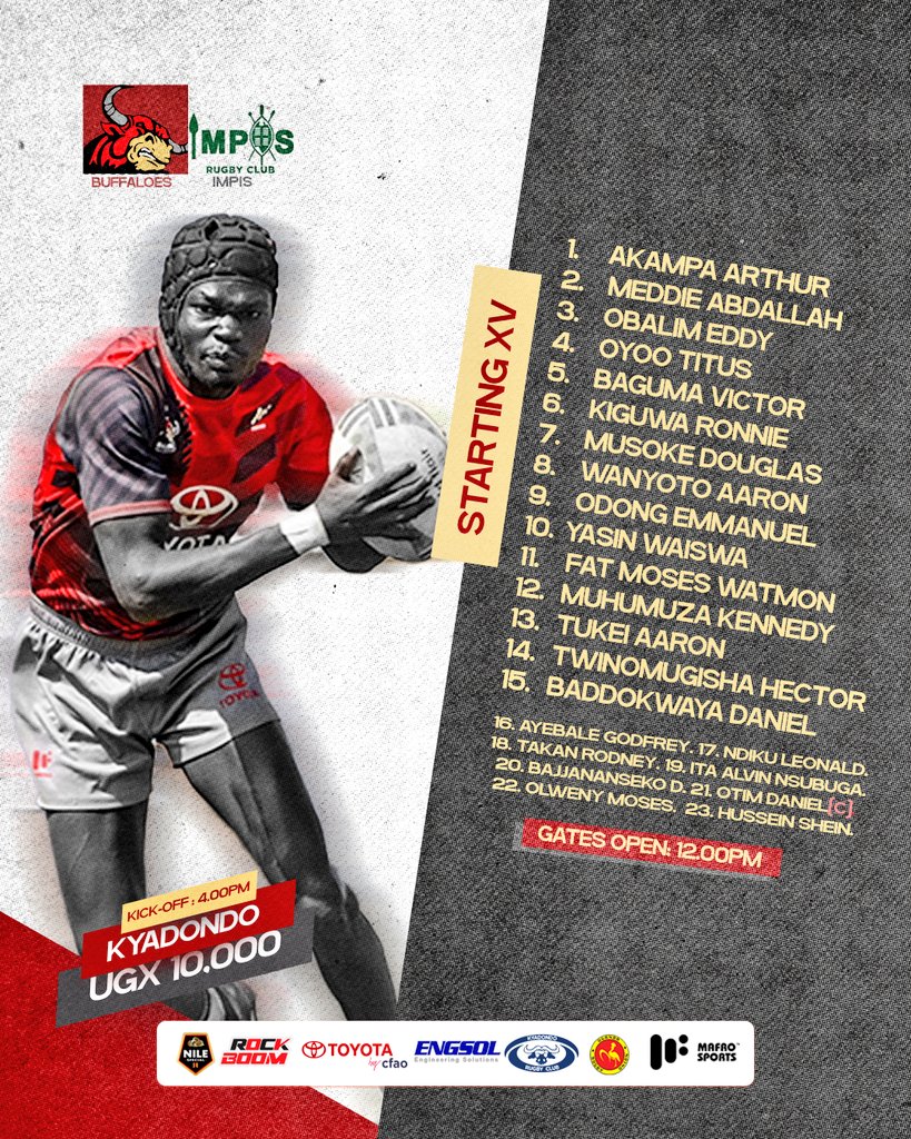 BuffaloesRFC's tweet photo. #Ugandarugbypremiership
Our squad that has been selected for, game week 9 against @ImpisRFC

K.O 4:00PM
📍 @Kyadondo_Rugby

Who takes the day, come be a part of the extended jury for the fixture!

#ToyotaBuffaloes
#FearTheBuffaloe
#HarderStrongerForLonger
#OneTeamOneSpiritOneWin https://t.co/Xfe0r8PeCm