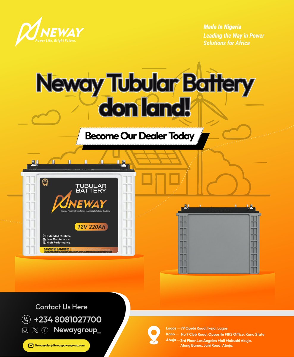 Newaygroup_'s tweet photo. "The wait don finish! � Neway Tubular Battery don land! Big capacity, deep discharge, long life, perfect—your  inverter’s best partner! Become our dealer today

#NoLight #NewayPower #InverterBattery #NigeriaElectricity #SolarEnergy #UpNEPA https://t.co/NJy5UHZnES