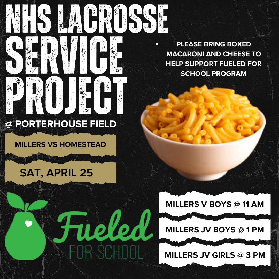 MillersLAX's tweet photo. Come out for a day of fun on Saturday, April 25 as we celebrate NYLAX day @ Porterhouse Field.  Our Boys Varsity and JV and our Lady Miller’s JV will take on Homestead. 
NYLAX players will warm up with the teams and will be introduced before the games.
@NOByouthLAX @Spartytweets https://t.co/KHWty84yXc
