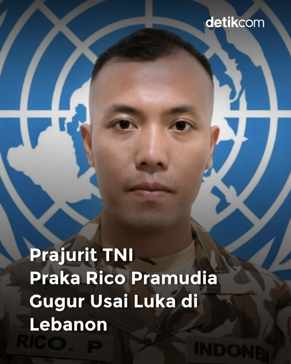 detikcom's tweet photo. Prajurit TNI yang menjadi Pasukan Perdamaian PBB di Lebanon (UNIFIL) gugur akibat serangan. Dia sempat dirawat usai terluka akibat serangan pada bulan lalu.

>> https://t.co/CYHr2eQb19 https://t.co/PBZFw94Td7