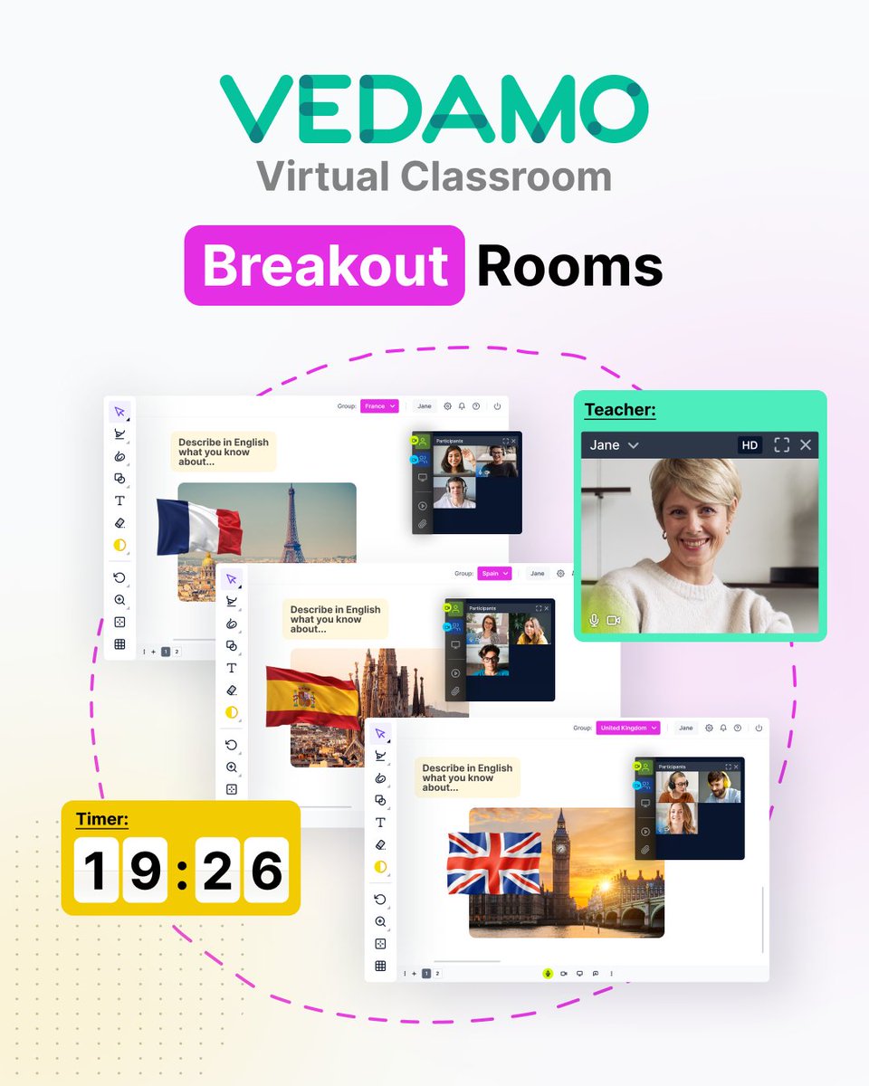 vedamoelearning's tweet photo. Breakout rooms in VEDAMO Virtual Classroom make group work simple and effective.
➡️ whiteboard, chat, media in each room
🧑‍🏫 hosts can move between rooms
👀 optional real-time monitoring
⏳ full control over roles, timing &amp; content
Easier than a physical classroom, honestly!🤓#Edu https://t.co/QkED5QylgA