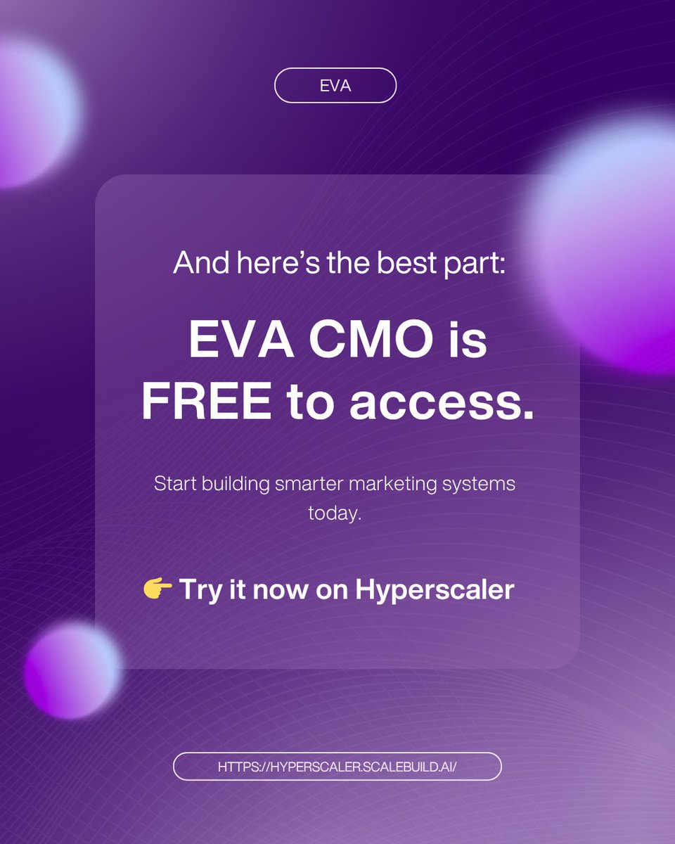 Hyperscalerai's tweet photo. Meet EVA CMO — your AI marketing copilot. 
No fluff. No buzzwords. Just real strategy: positioning, growth, campaigns. 

Built inside Hyperscaler AI platform. Free to use. 

👉 Start building smarter marketing systems today

#AI #Marketing #Startups #Growth https://t.co/9mGDn7tx4n