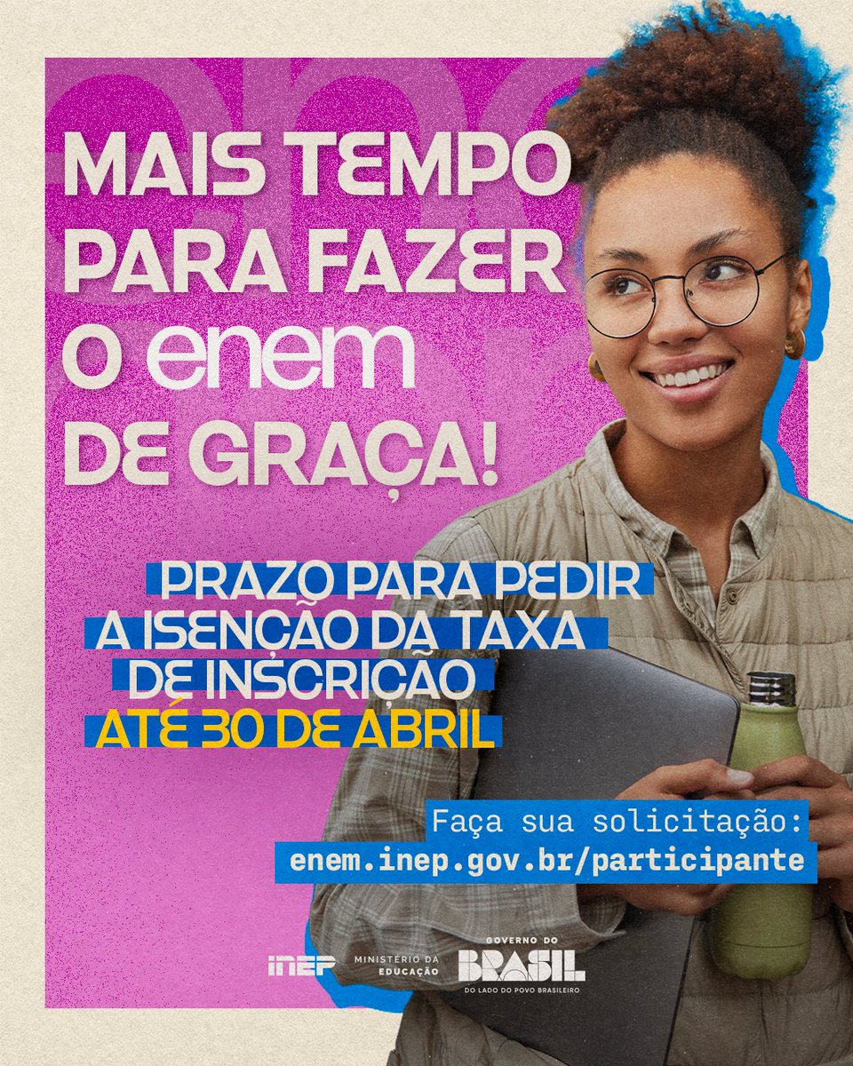 inep_oficial's tweet image. ⏳Os estudantes que querem fazer o Enem de graça agora têm até 30 de abril para solicitar a isenção da taxa de inscrição. A nova data também vale para os estudantes que precisam justificar a falta na edição do Enem 2025.
 
Acesse: enem.inep.gov.br/participante
 
#Enem2026 #MEC #INEP