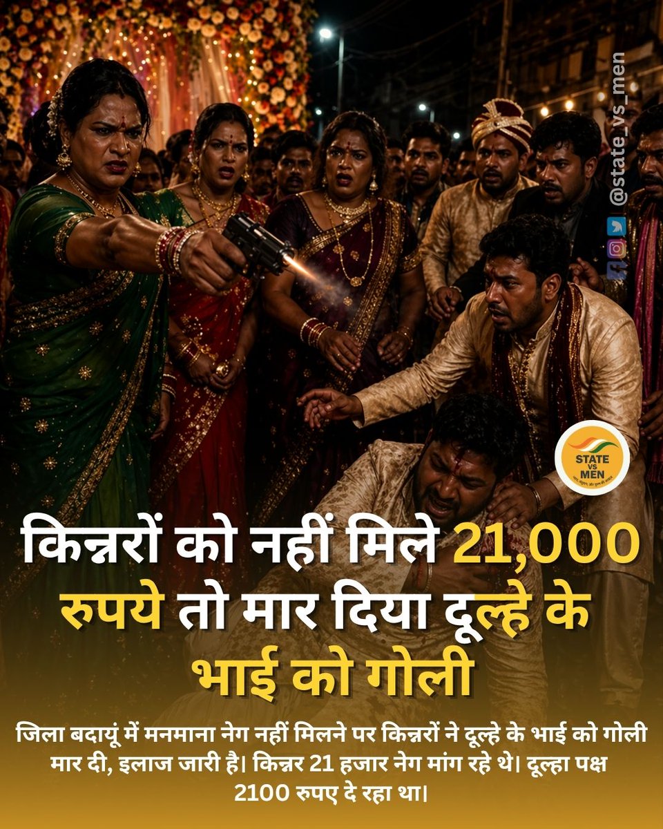 जिला बदायूं में मनमाना नेग नहीं मिलने पर किन्नरों ने दूल्हे के भाई को गोली मार दी, इलाज जारी है। किन्नर 21 हजार नेग मांग रहे थे। दूल्हा पक्ष 2100 रुपए दे रहा था।
#crime #قومی_زبان