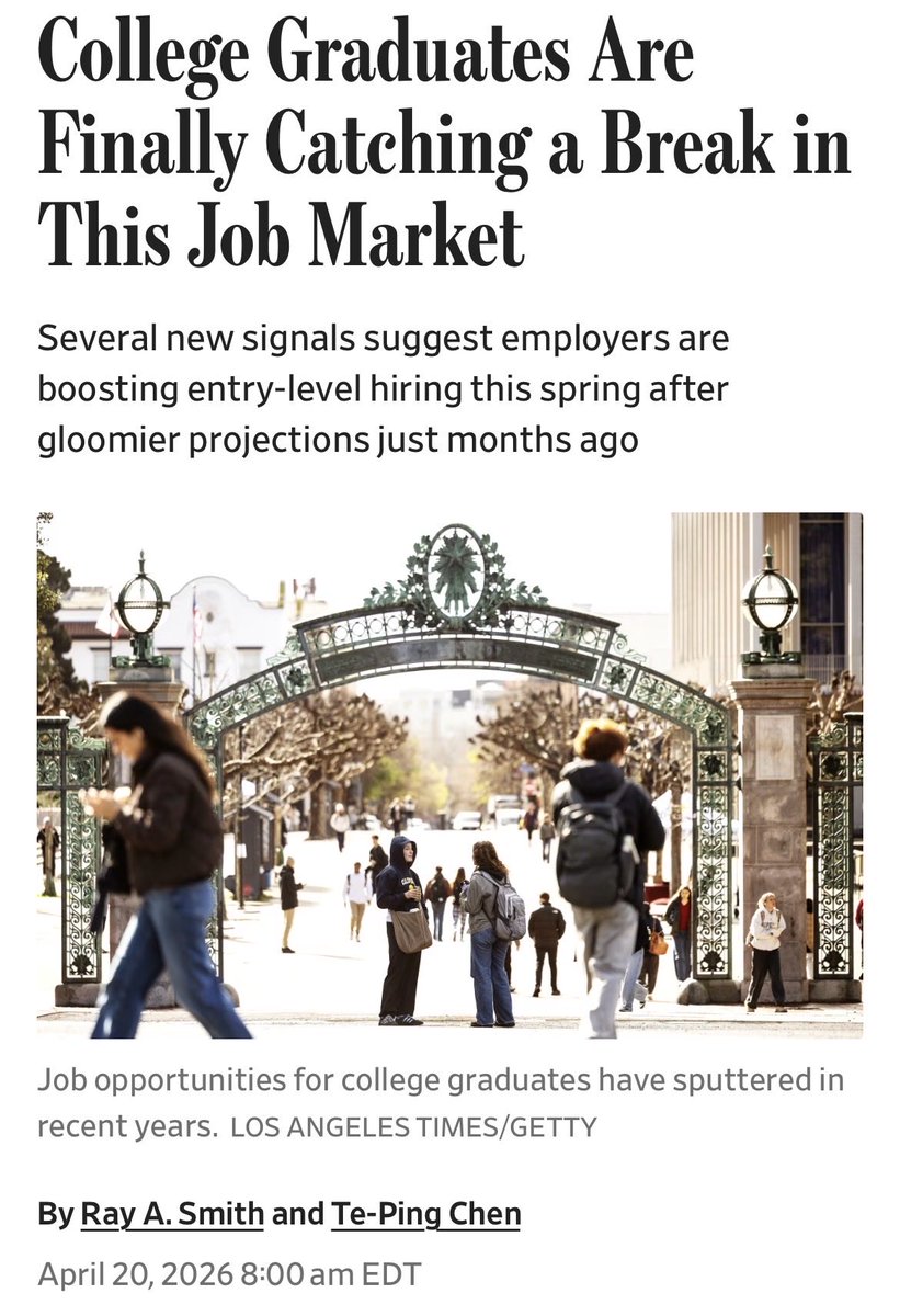 Narrative violation: Hiring of new college graduates is up 5.6% over last year. Youth unemployment for degreed 20–24‑year‑olds fell to 5.3% from 8.9%. Weren’t we told that 50% of entry-level jobs were going away?
