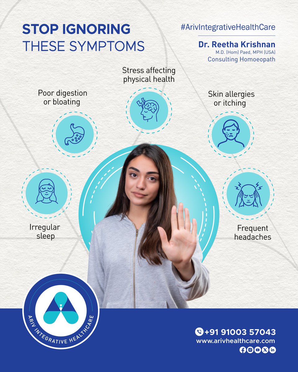 arivhealthcare's tweet image. Don’t ignore the signs your body shows — understand them with the right care at ARIV Health Care. 🌿
 
arivhealthcare.com
 
#ARIVHealthCare #Homeopathy #StopIgnoringSymptoms #HealthSignals #ListenToYourBody #HolisticCare #BetterHealth