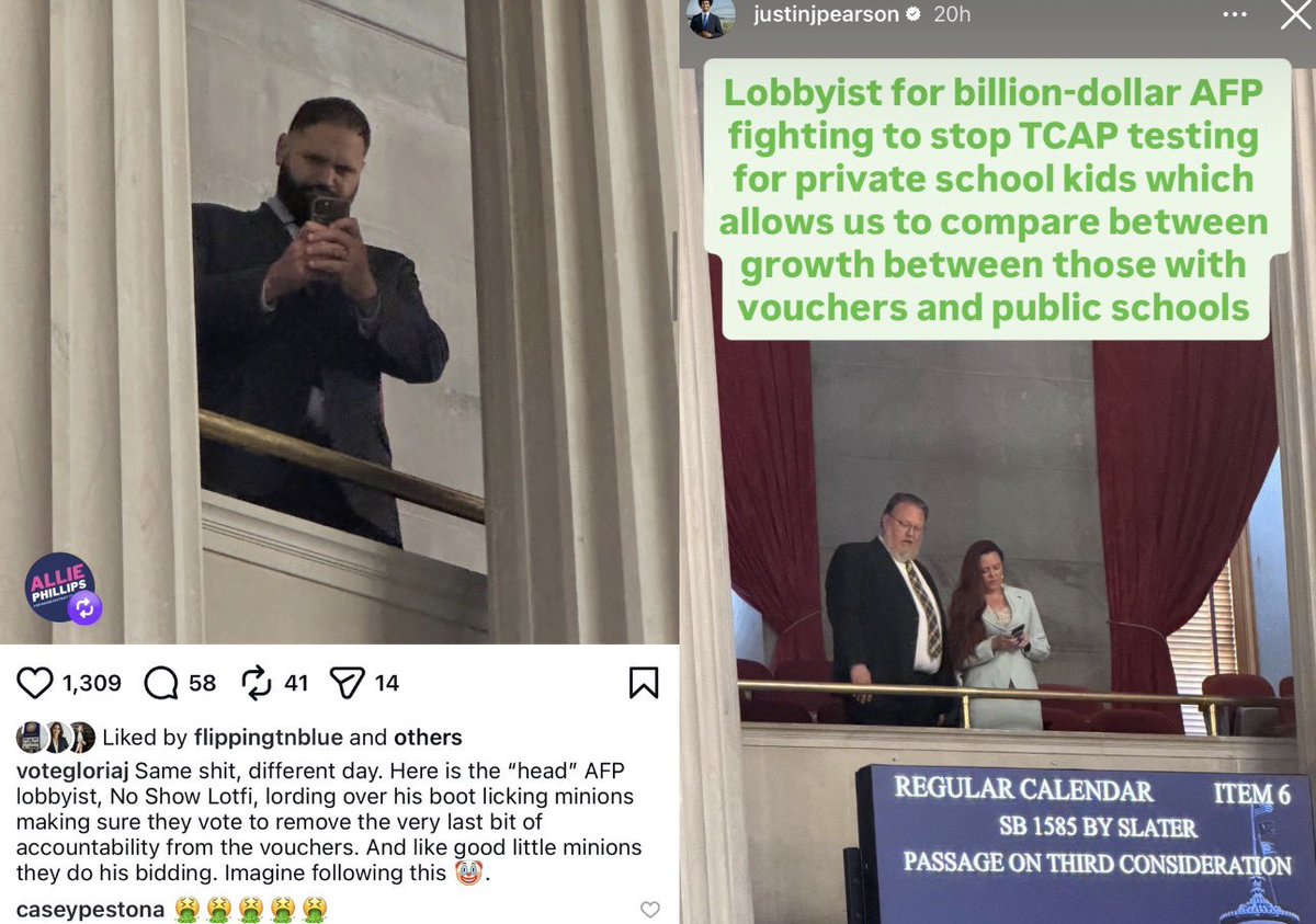 Private school voucher scam lobbyists were up in the balcony hovering to pressure Republicans to expand <a href="/GovBillLee/">Gov. Bill Lee</a>’s vouchers to hundreds of millions of taxpayer dollars and eliminate testing requirements that show they don’t work 

(From <a href="/Justinjpearson/">Justin J. Pearson</a> <a href="/VoteGloriaJ/">Rep. Gloria Johnson</a>)