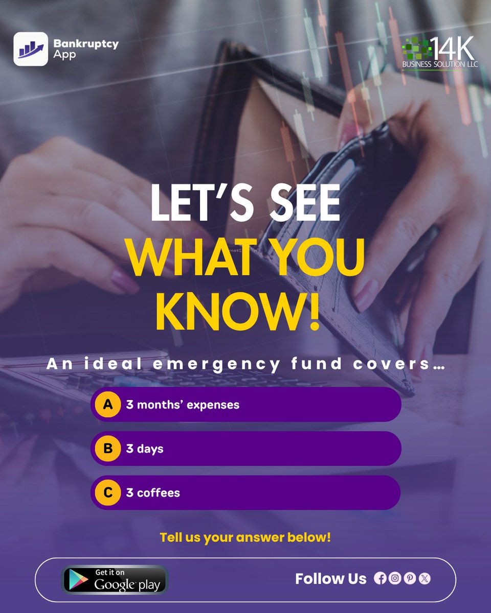 Bankruptcy176's tweet image. Let’s see what you know!
An ideal emergency fund covers…
a) 3 months’ expenses
b) 3 days
c) 3 coffees
Tell us your answer below!

Download the App: play.google.com/store/apps/det…
#bankruptcyapp #financialeducation #moneymanagement #savemoney #finance