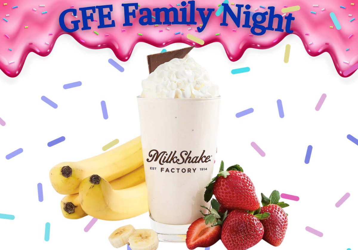 GFE_Gators's tweet photo. GFE Family Night at Milk Shake Factory
648 Grassfield Pkwy.
Chesapeake, VA
Monday, April 27, 2026
4:00 p.m. to 9:00 p.m.
Support GFE Gators at Milk Shake Factory! Remember to share this post with the clerk so we get credit for your visit.
#gfegatorgreat https://t.co/XEh8Qtacoa