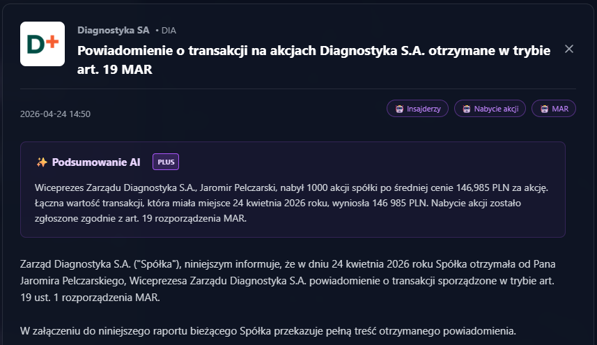 EspiTrackerGPW's tweet photo. Diagnostyka SA • DIA
Powiadomienie o transakcji na akcjach Diagnostyka S.A. otrzymane w trybie art. 19 MAR

https://t.co/8Ofoan7Dxd https://t.co/dBc801fcPR