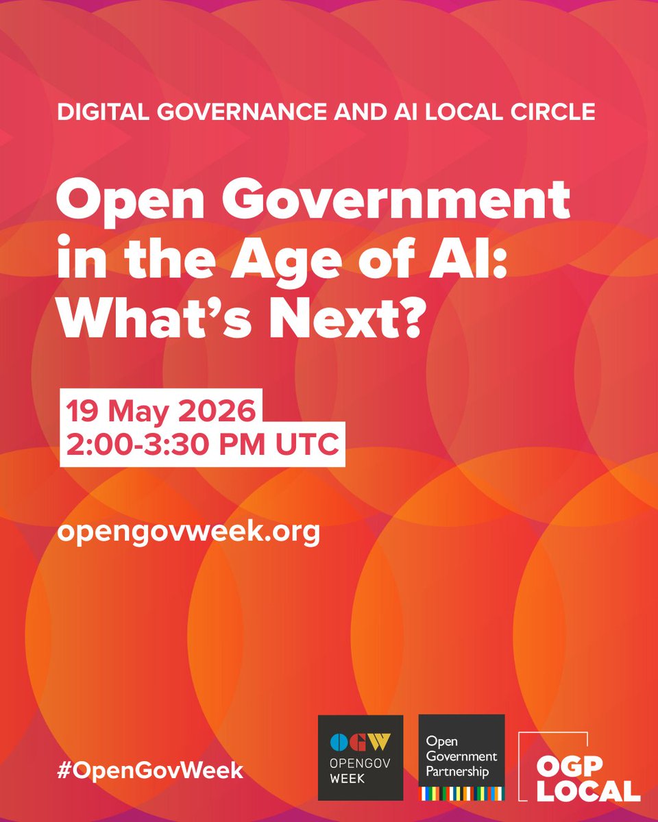 During #OpenGovWeek, join the OGP Local Circle on Digital Governance and AI.

📅 19 May 2026
🕒 2:00–3:30 PM UTC

City leaders will discuss AI, digital transformation and trust in government. 

Coordinated by <a href="/gcba/">Buenos Aires Ciudad</a> and <a href="/Bogota/">Alcaldía de Bogotá</a>. 

🔗 bit.ly/ogp-ai-may19

#OpenGovWeek #AI