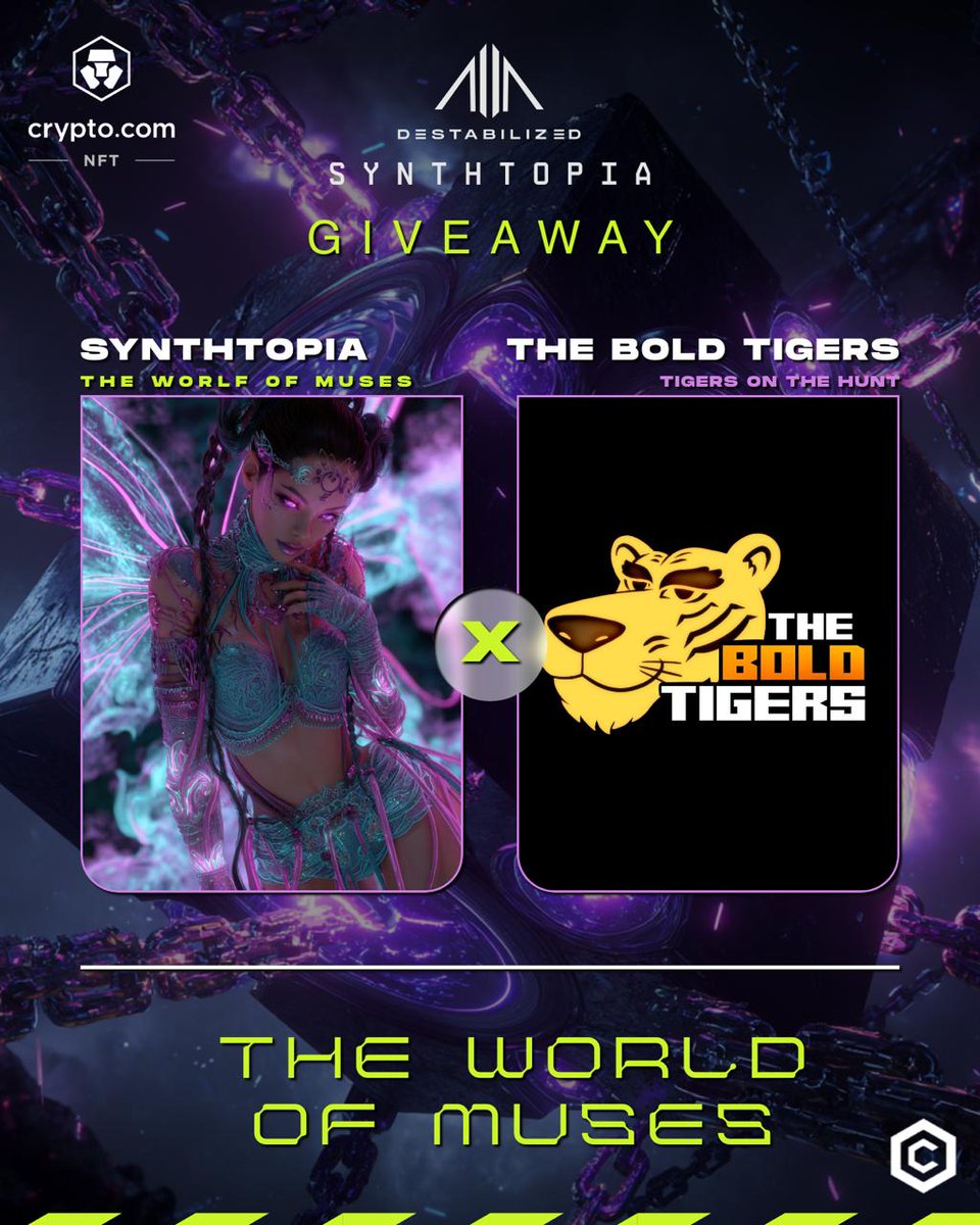 synthtopiaworld's tweet image. ⚡️ SYNTHTOPIA: THE WORLD OF MUSES × THE BOLD TIGERS 🐯

🌍 The Gate is OPEN. The World of Muses is now LIVE on @cryptocomnft 💎⚡️ #CroFam

⟁ Enter the Gate: crypto.com/nft/drops-even…

🔥 GIVEAWAY — SIGNAL ACCESS 🔥

🏅 1× SYNTHTOPIA 1/1 NFT
🏅 1× Fracture Fate NFT
🏅 3× 212 #CRO