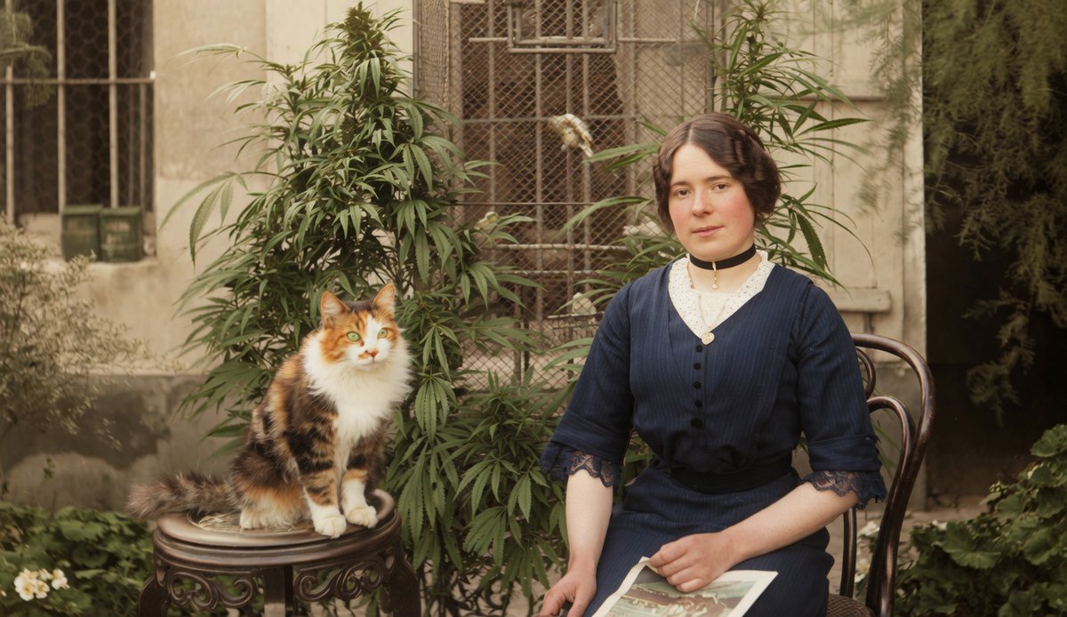 LegacyGrower's tweet image. Just a colorized photo of great-great-great grandma Louise on her back porch in Paris with a choker, some good weed growing, and a cool cat. 

Bring back women like Louise. 

#growyourown #cannabis