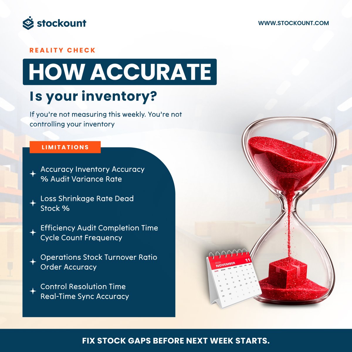 stockount's tweet image. Before you close the week, ask:

“Do my stock numbers match reality?” Because reports can lie. Audits don’t.

Fix your stock gaps before next week starts. stockount.com/freedemo

#InventoryAudit #StockAccuracy #InventoryManagement #friday
#WarehouseManagement #RetailOps