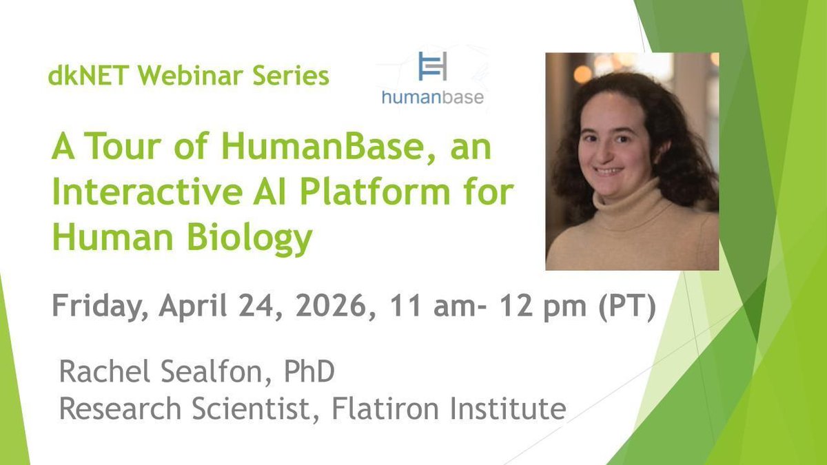 dkNET_Info's tweet image. #dkNET presents "A Tour of HumanBase, an Interactive AI Platform for Human Biology"
#webinar with Dr. Rachel Sealfon — Join us April 24, 2026 at 11 am PT!
More info: dknet.org/about/blog/2915
#Genomics #Bioinformatics