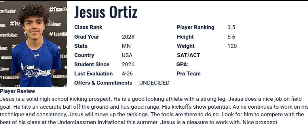 JesusOrtiz27247's tweet photo. I'm glad to earn a 3.5⭐️ at Chris sailer kicking camp in Chicago.I had a lot of good kicks and good punts to and im excited to compete in the underclassmen this year, and thank you, coaches, for helping me with my technique can't wait to go to again #southstpaulpackers #gopackers https://t.co/KMFGkh3vGe