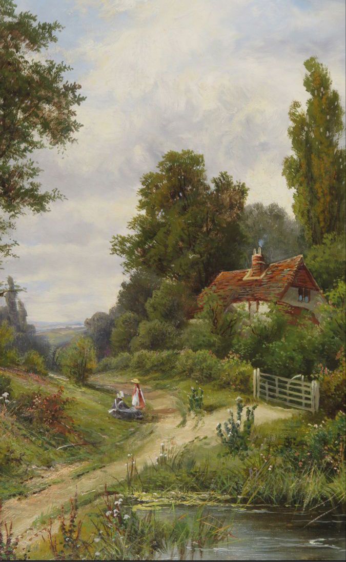 annie151092's tweet image. Figures on a track by a country cottage. It is an oil on canvas work by the British landscape artist Octavius Thomas Clark (1850–1921) #paintings #art