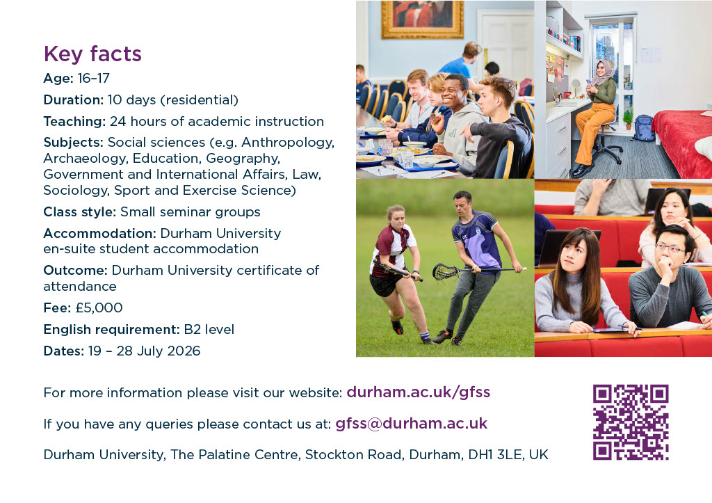 DUSofE's tweet photo. ⌛ Applications for @durham_uni Global Futures Pre-University Summer School are closing soon
💻 Apply now: https://t.co/sWgfngS1wu
🗓️ 19-28th July 2026

Why apply?
🔎 Explore Social Science disciplines
🧩 Interactive sessions 
🏫 Collegiate life
👩‍🎓 Develop skills and confidence https://t.co/G6oSbJVDO4