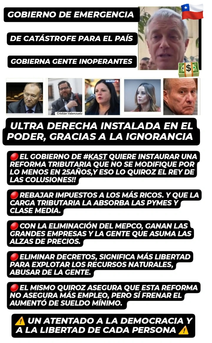 Dpm_Chile2020's tweet photo. Gente no miren tan simple lo que quiere hacer el gobierno de #UltraDerecha de #kast esto es más que una #ReformaTributaria es darle el poder absoluto a la #ÉliteCorrupta qué maneje el país sin control. Con la #Constitucion80 y con la reforma andaremos al ritmo de ellos. https://t.co/rK18fGw2in