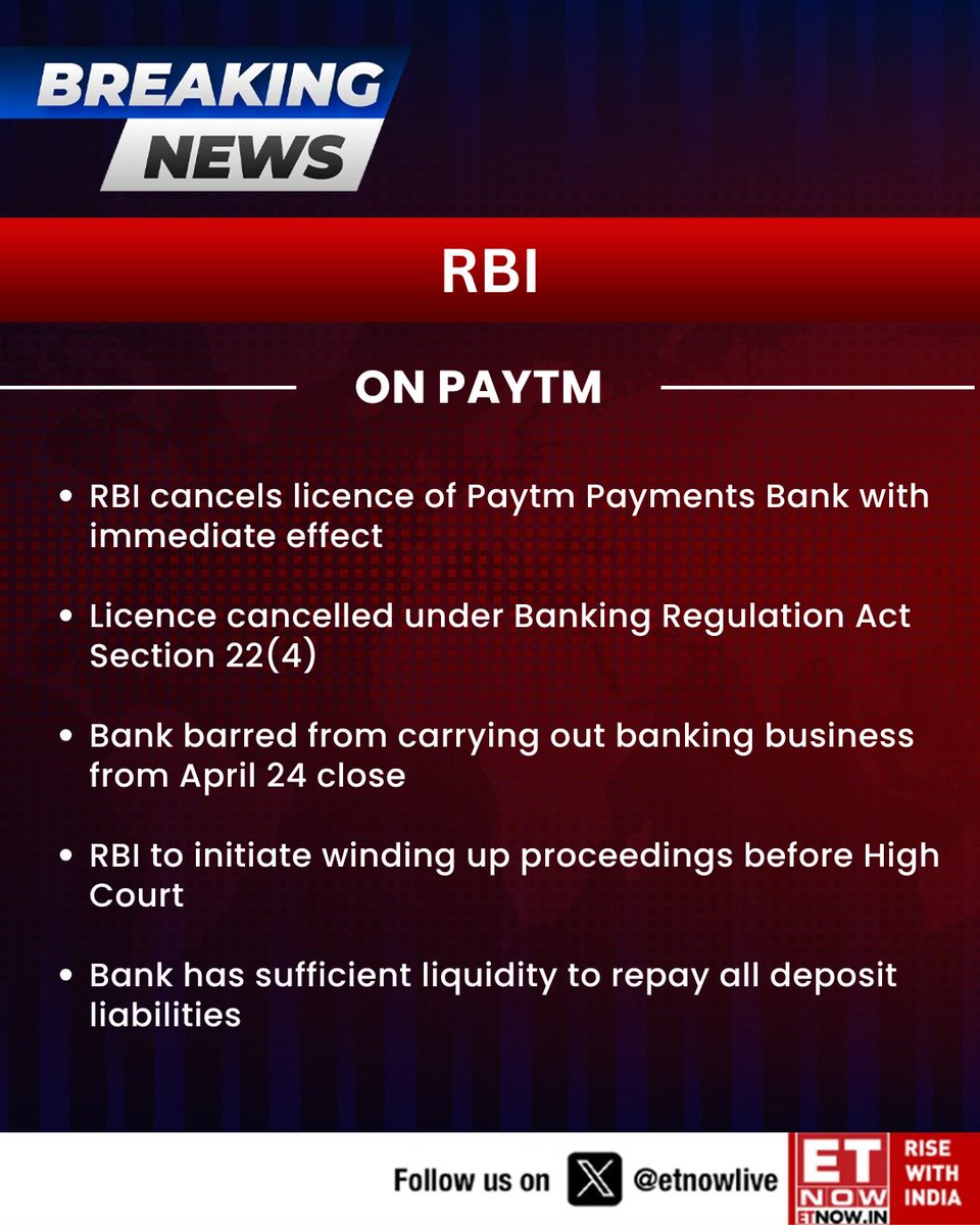 ETNOWlive's tweet image. #Breaking | RBI: Paytm's Licence cancelled under Banking Regulation Act Section 22(4)

#Paytm #RBI #Bankinglicense