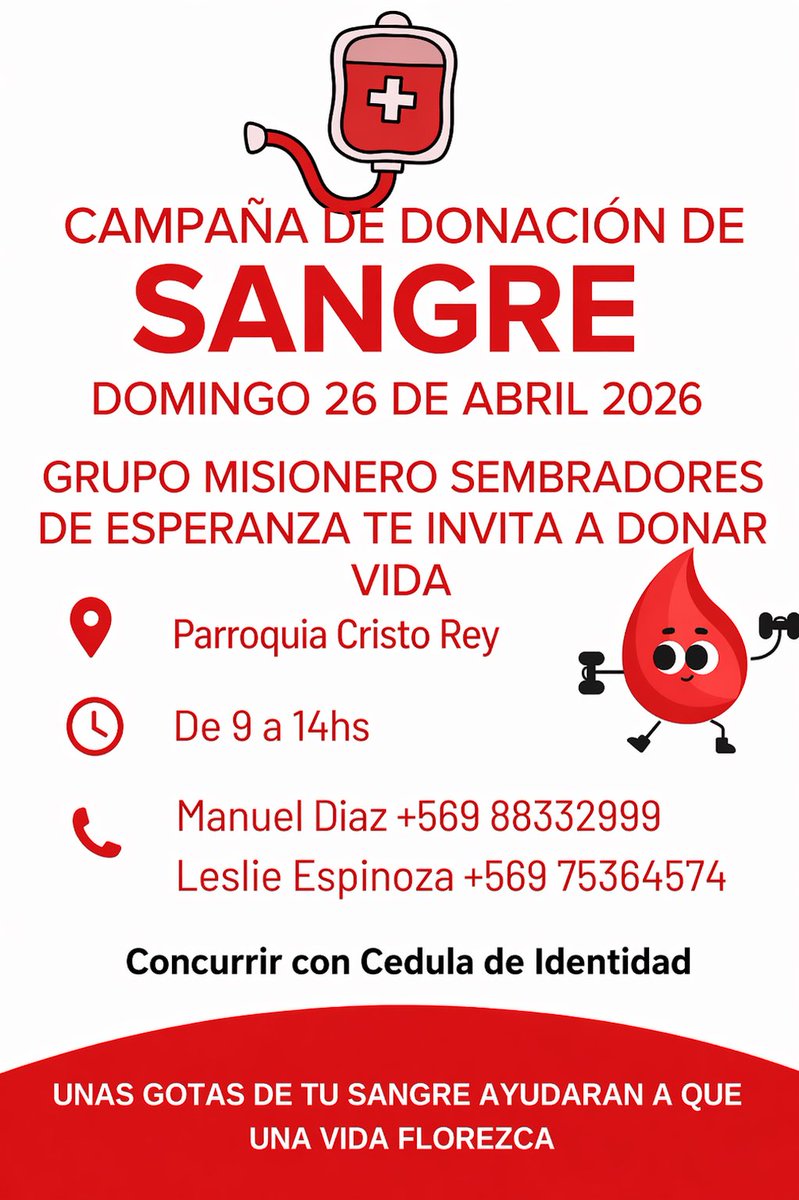 Este domingo 26 de abril se llevará a cabo una campaña de donación de sangre, entre las 09:00 y las 14:00 horas, en la Parroquia Cristo Rey de Valdivia, ubicada en René Schneider 2796.

facebook.com/share/18bjrVhm… #ValdiviaCL