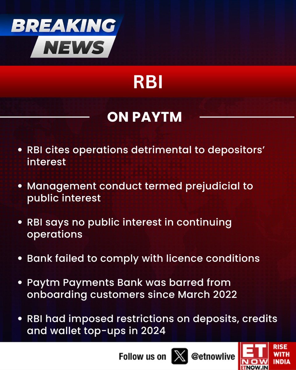 ETNOWlive's tweet image. #Breaking | RBI: Paytm's Licence cancelled under Banking Regulation Act Section 22(4)

#Paytm #RBI #Bankinglicense