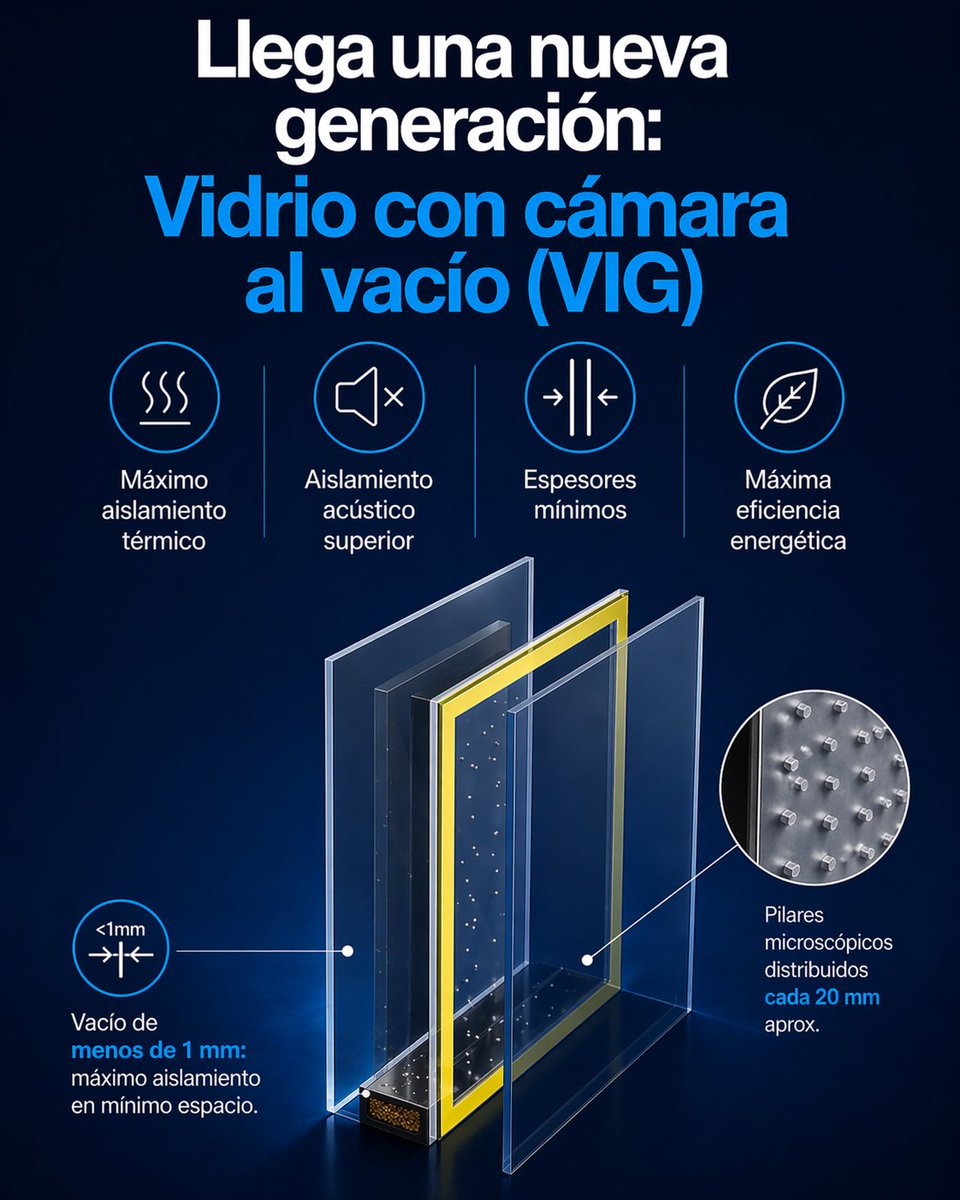 CRISTENCINAS's tweet photo. La revolución del doble acristalamiento ya está aquí.

Presentamos el nuevo vidrio con cámara al vacío (VIG): una tecnología que redefine los estándares de aislamiento.

Sustituye la cámara de aire tradicional por un espacio al vacío inferior a 1 mm.
📩 info@cristaleriaencinas.es https://t.co/W76eKgyQOd