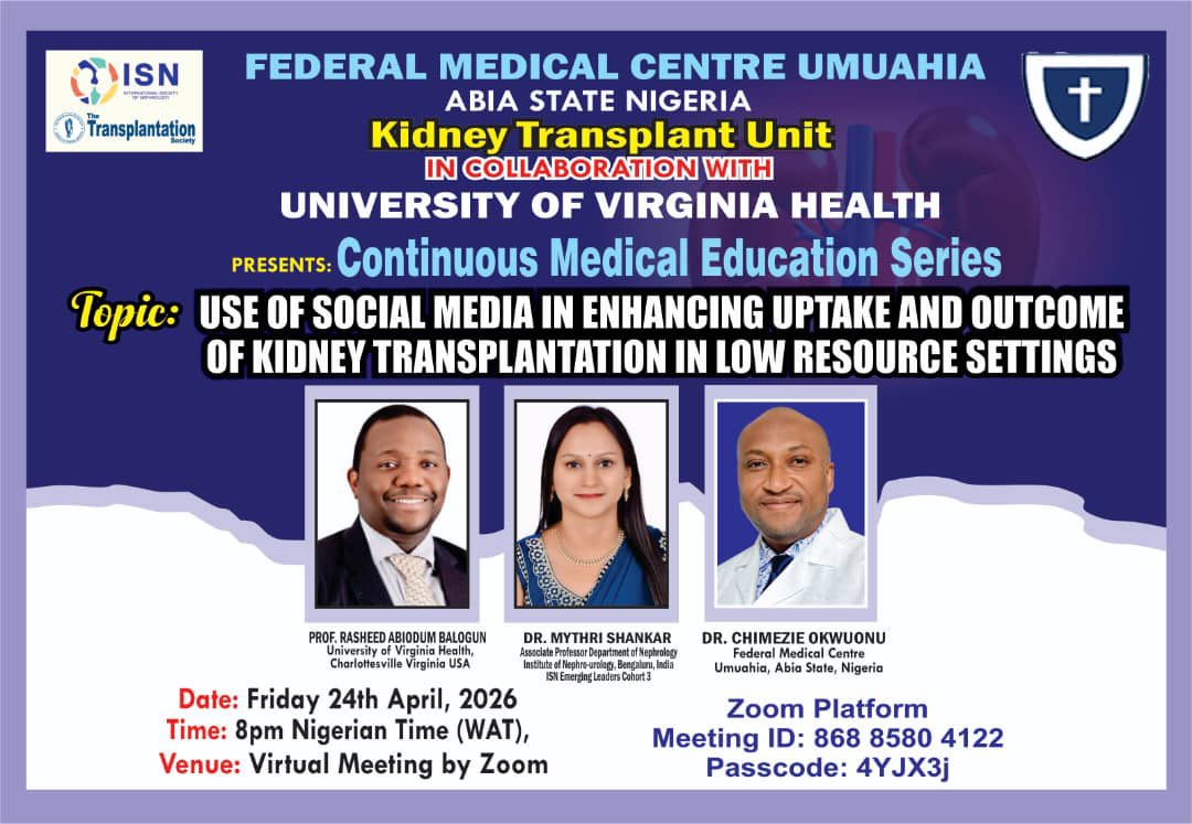 nephromythri's tweet photo. Truly honoured to be an invited speaker for the CME on “Use of Social Media in Enhancing Uptake and Outcome of Kidney Transplantation in Low Resource Settings,” hosted by Federal Medical Centre Umuahia and University of Virginia Health. Grateful for this opportunity to learn, share, and support better kidney transplant care in low-resource settings.@ISNkidneycare