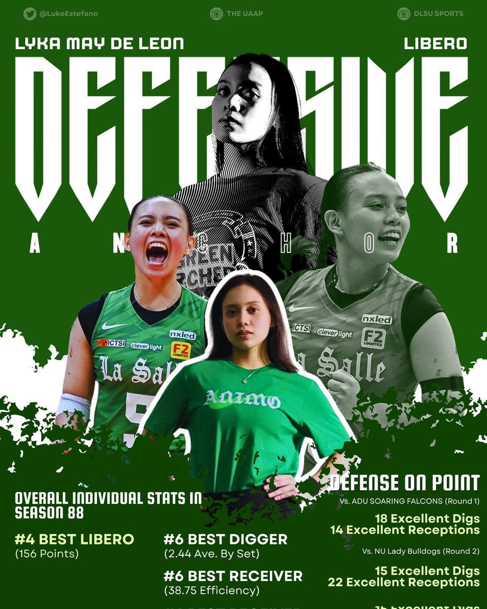 LYK A GREEN SHIELD 💚🛡

Lyka May De Leon has been the DLSU’s defensive anchor in UAAP Season 88, her sharp reads and steady receptions keeping the Lady Spikers’ floor unshaken and their unbeaten run alive.

#UAAPSeason88