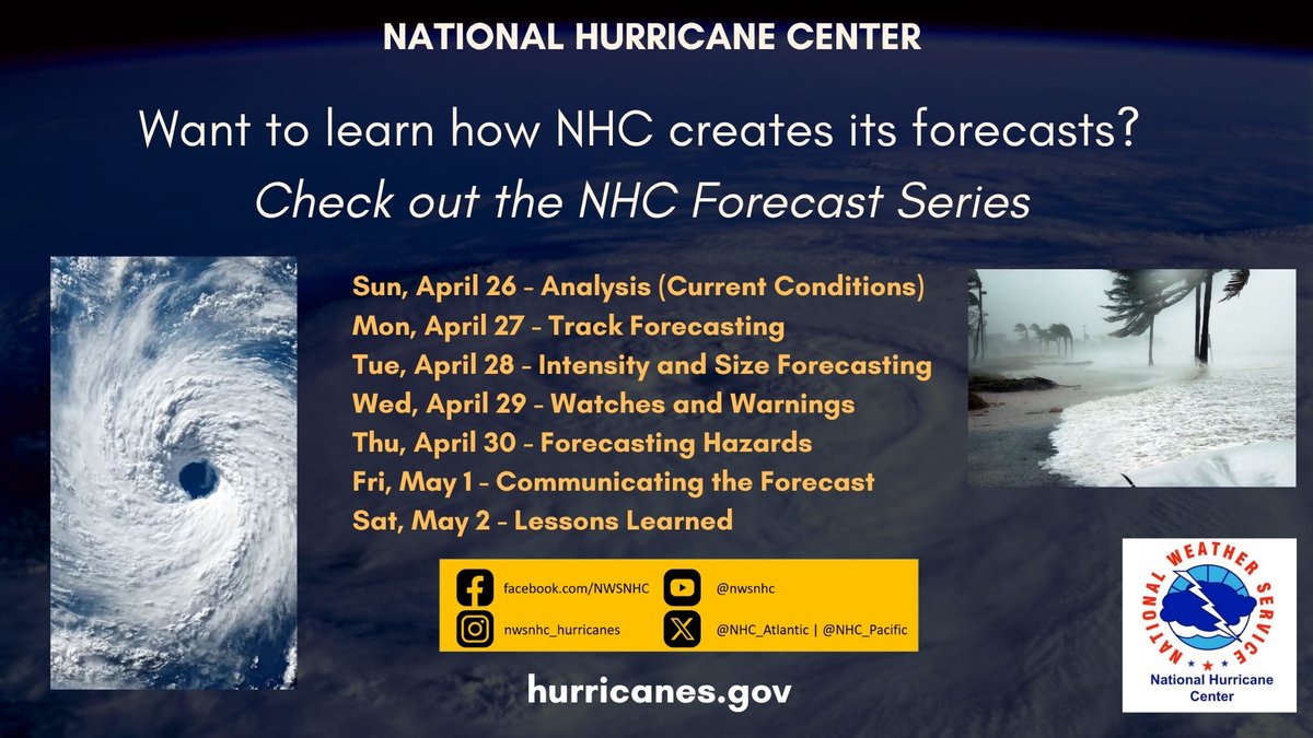 NHC_Atlantic's tweet photo. Ever wonder how the National Hurricane Center makes and communicates hurricane forecasts?

Starting Sunday, April 26 through Saturday, May 2, we’ll share a daily video taking you behind the scenes of the forecast process—from the science behind the forecast to how we communicate risk.

Follow along here all week, and watch the full videos on our YouTube channel: https://t.co/uTacSwEpVe